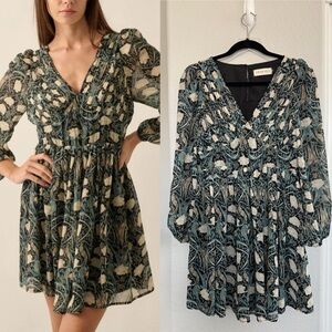 Shoe Fly Green Cream Pleated V-Neck Long Sleeve Mini Dress